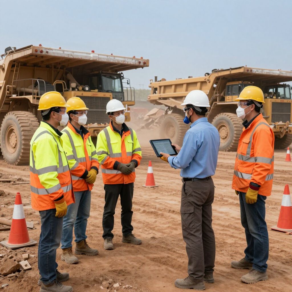 Construction workers in safety gear discuss a project on-site, with large trucks in the background.