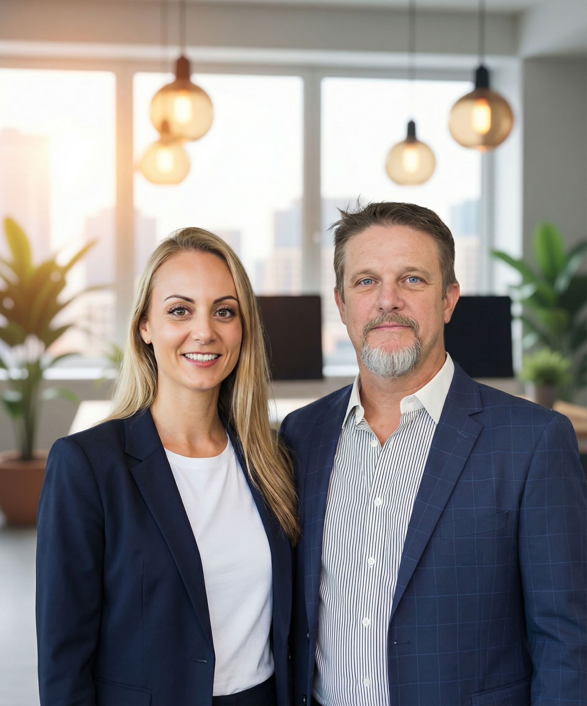 Two people in business attire smiling in an office setting.