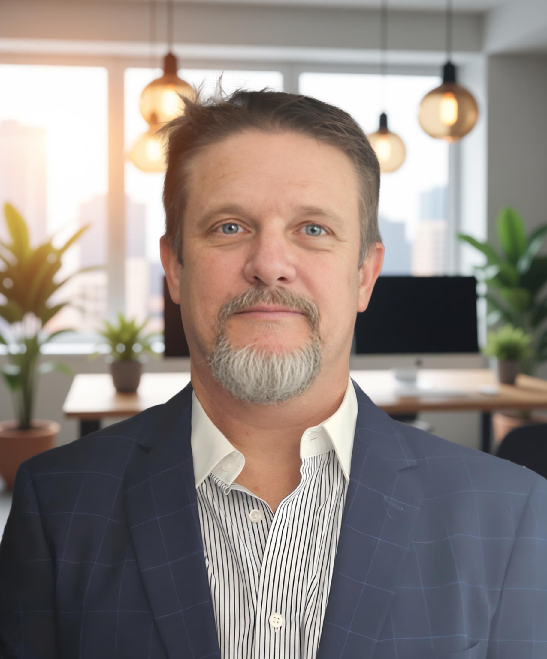 Man in blue blazer and patterned shirt, smiling, in modern office setting.