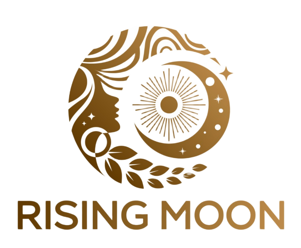 Logo with a woman's profile, a sunburst, and crescent moon in a gold circle, with text 