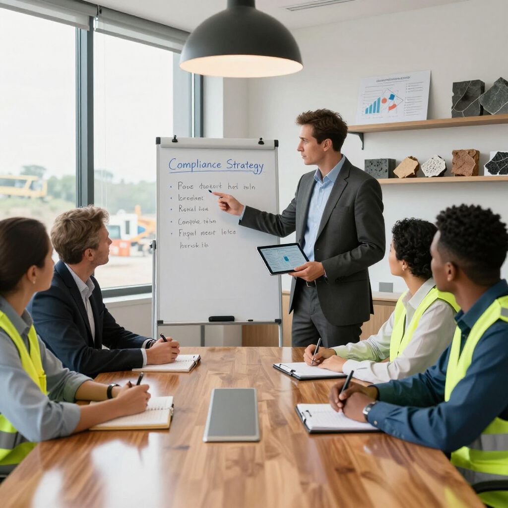 Man presenting to team at whiteboard. Meeting in office, wearing safety vests.