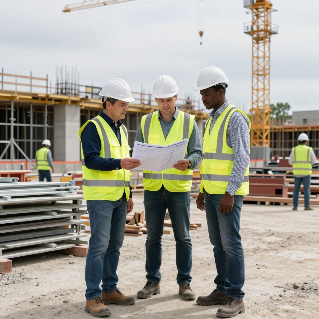 Three construction workers in hard hats and vests review blueprints on a construction site.