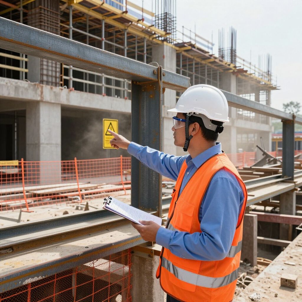 Construction worker in a safety vest and hard hat pointing toward a building under construction.