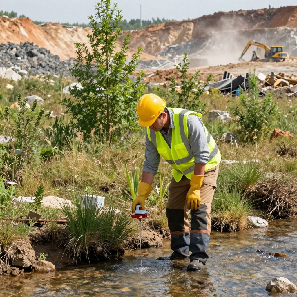 Worker in safety gear tests water sample in a stream at a construction site.