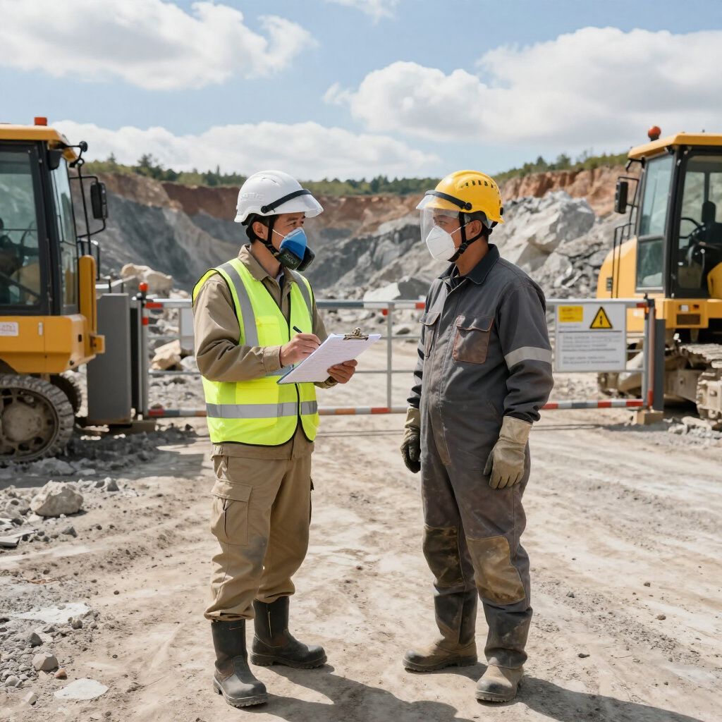 Two construction workers in safety gear discussing paperwork at a quarry site, with heavy machinery in the background.