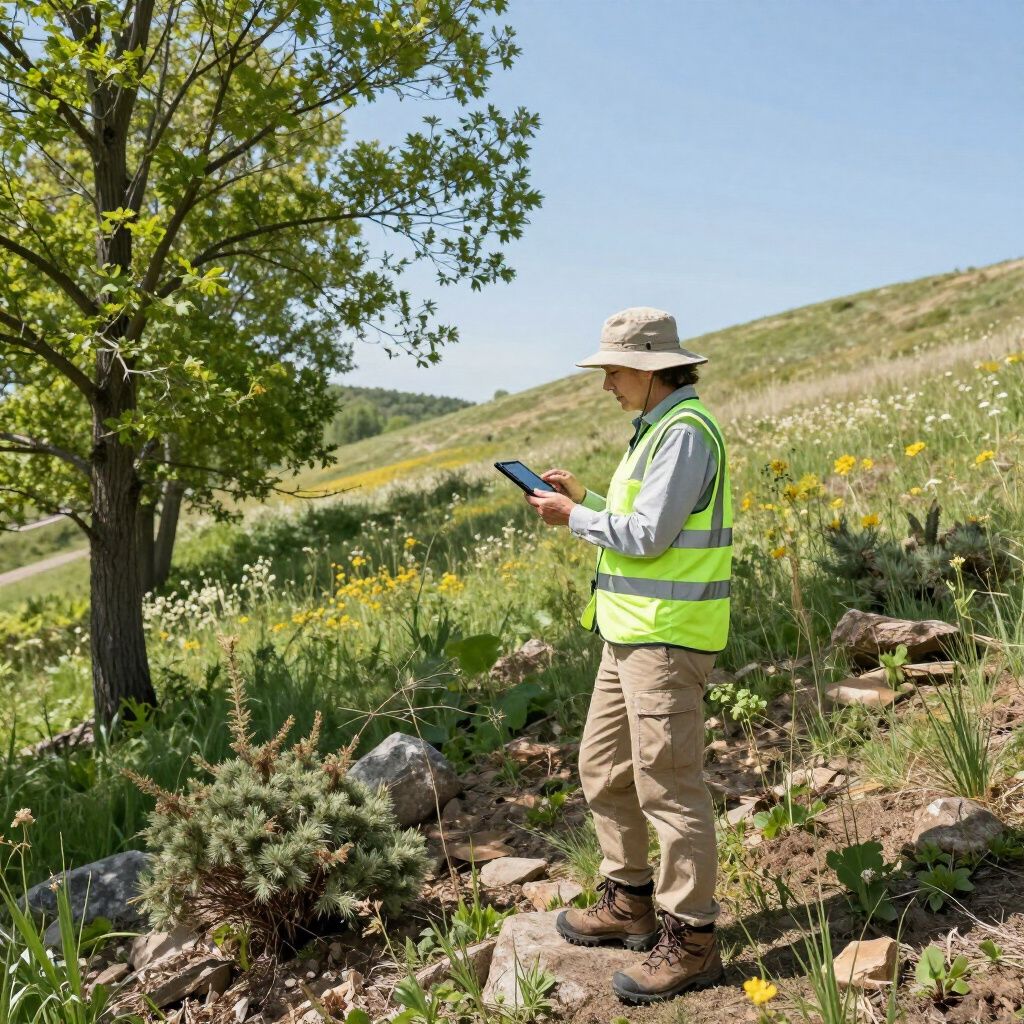 Person in a yellow vest and hat using a tablet outdoors on a grassy hillside.