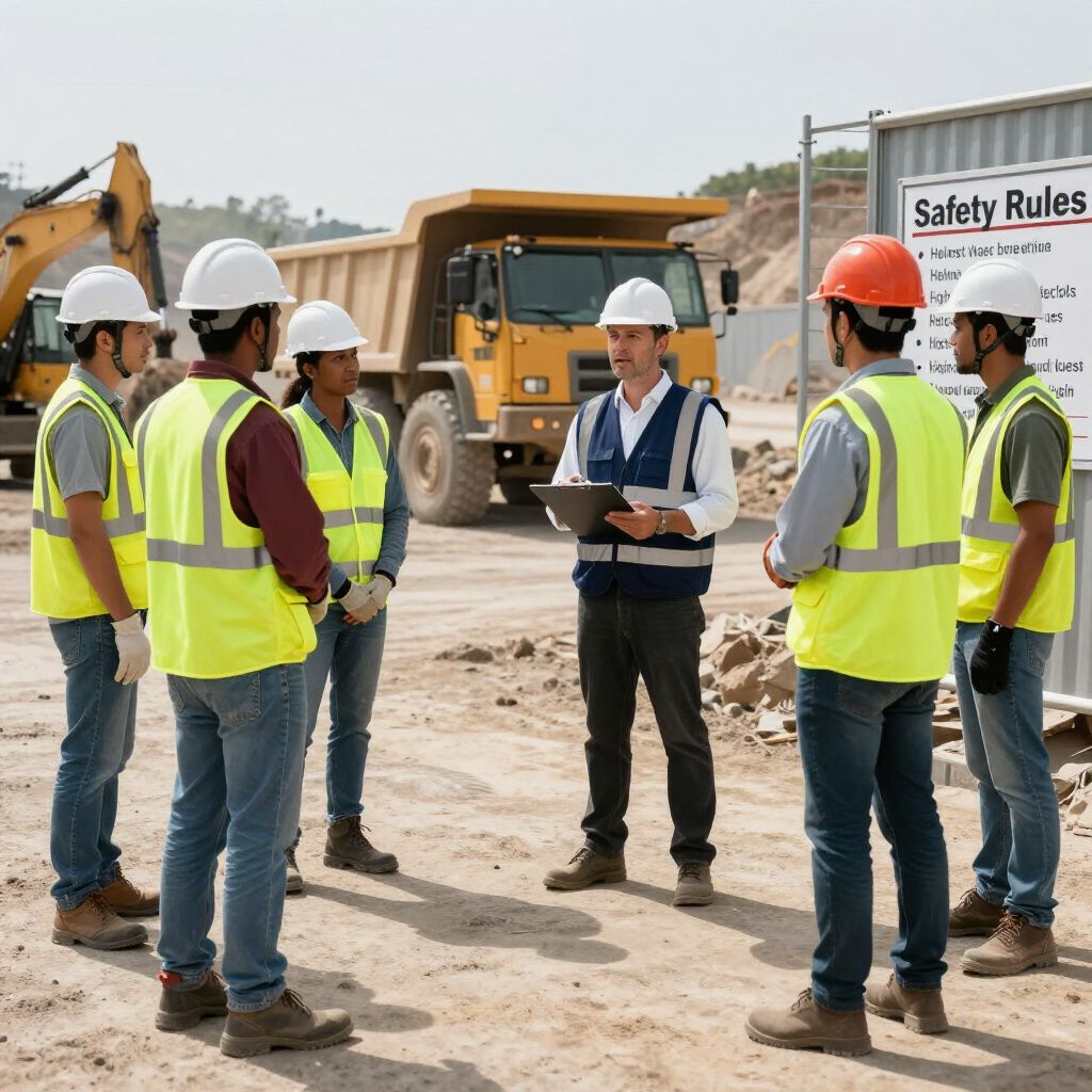 Construction workers in safety vests and helmets listen to a supervisor on a construction site.