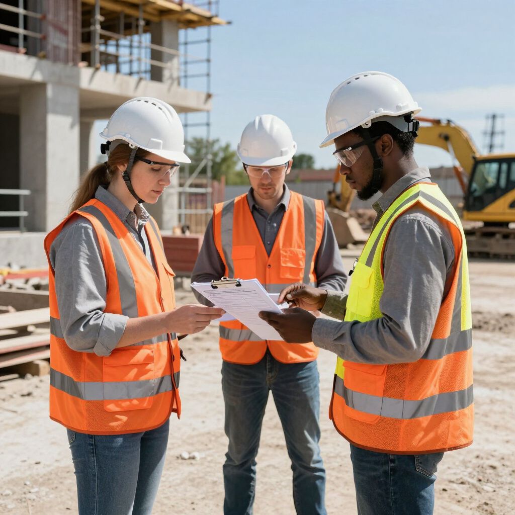 Three construction workers in hard hats and vests review documents on a construction site.