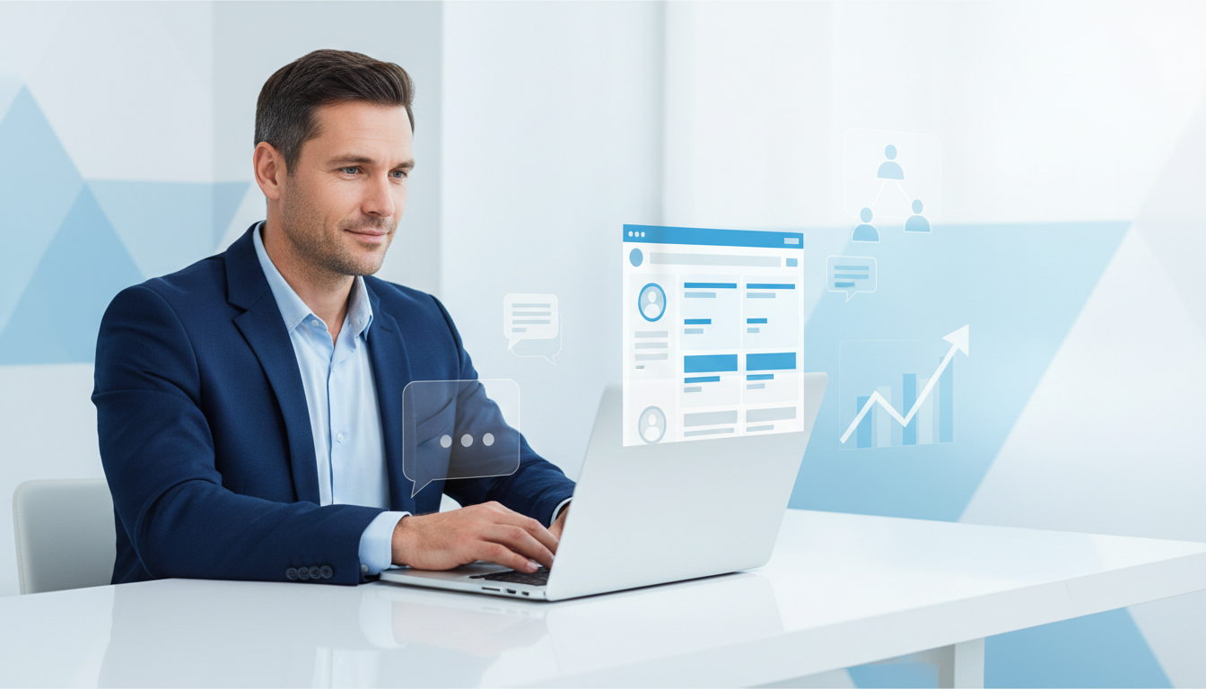 Man in a blue suit works on a laptop at a white desk; digital data and charts float in front.