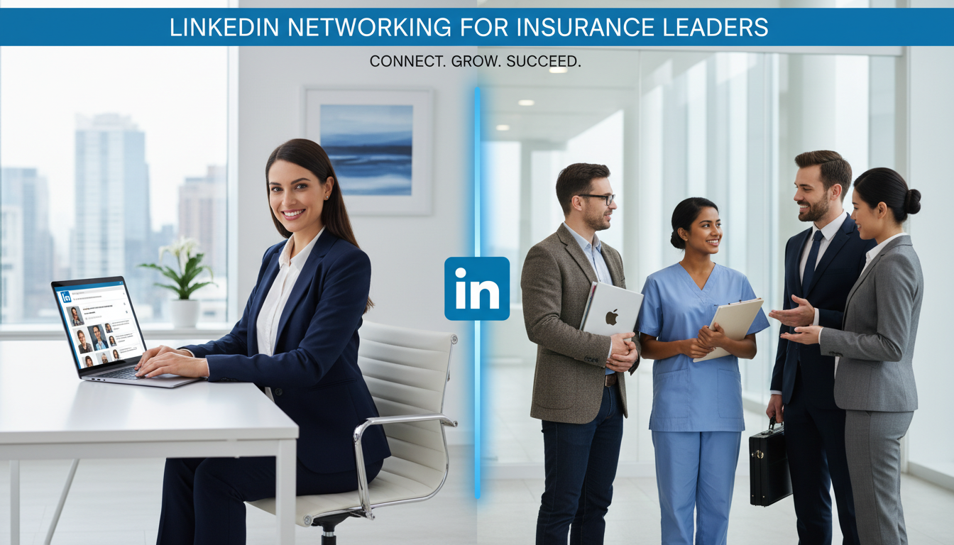 Woman on laptop smiles, LinkedIn logo, people networking in office. 