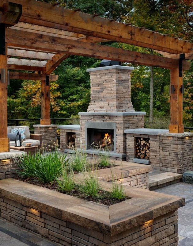 Stone outdoor fireplace under a wooden pergola, surrounded by built-in seating and planters.