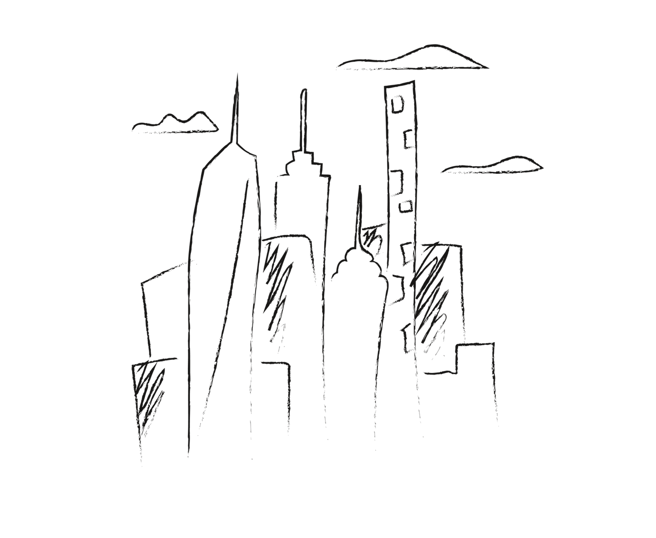 Sketch of a city skyline with tall buildings and clouds.