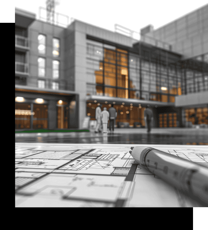 A black and white photo of a building with people walking in the background