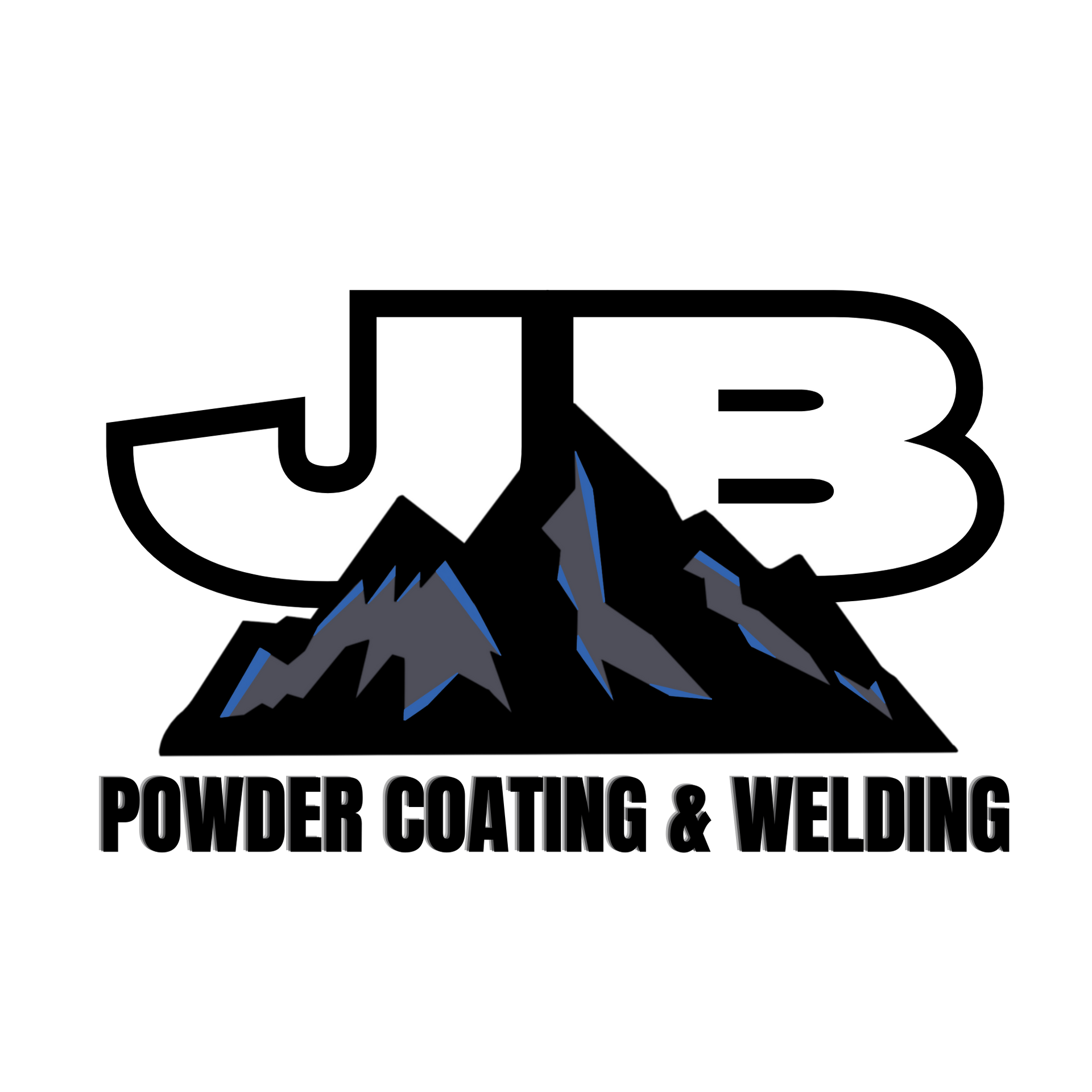 A logo for powder coating and welding with a mountain in the background.