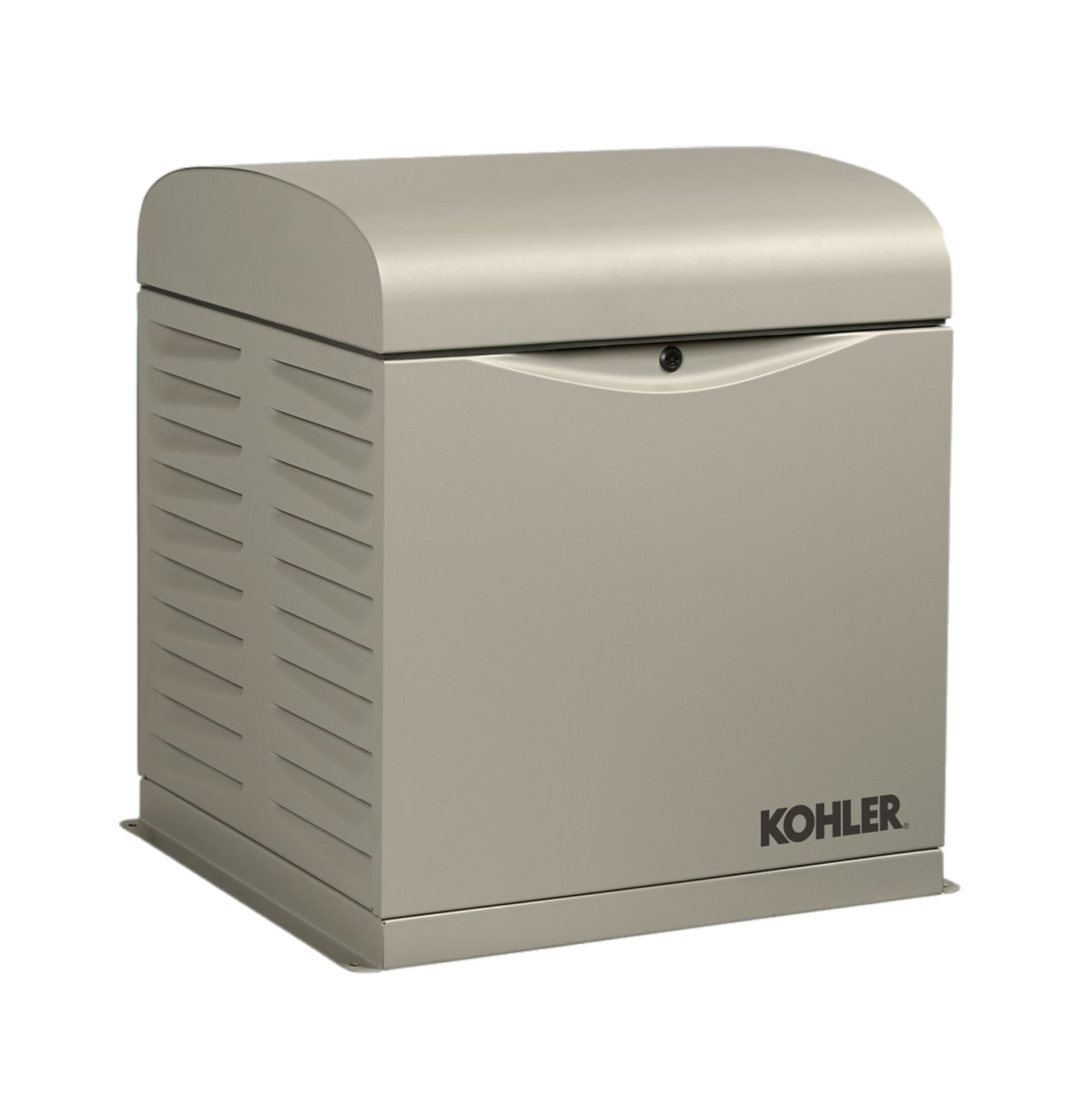 Beige Kohler generator  with a rounded lid and slatted side panels