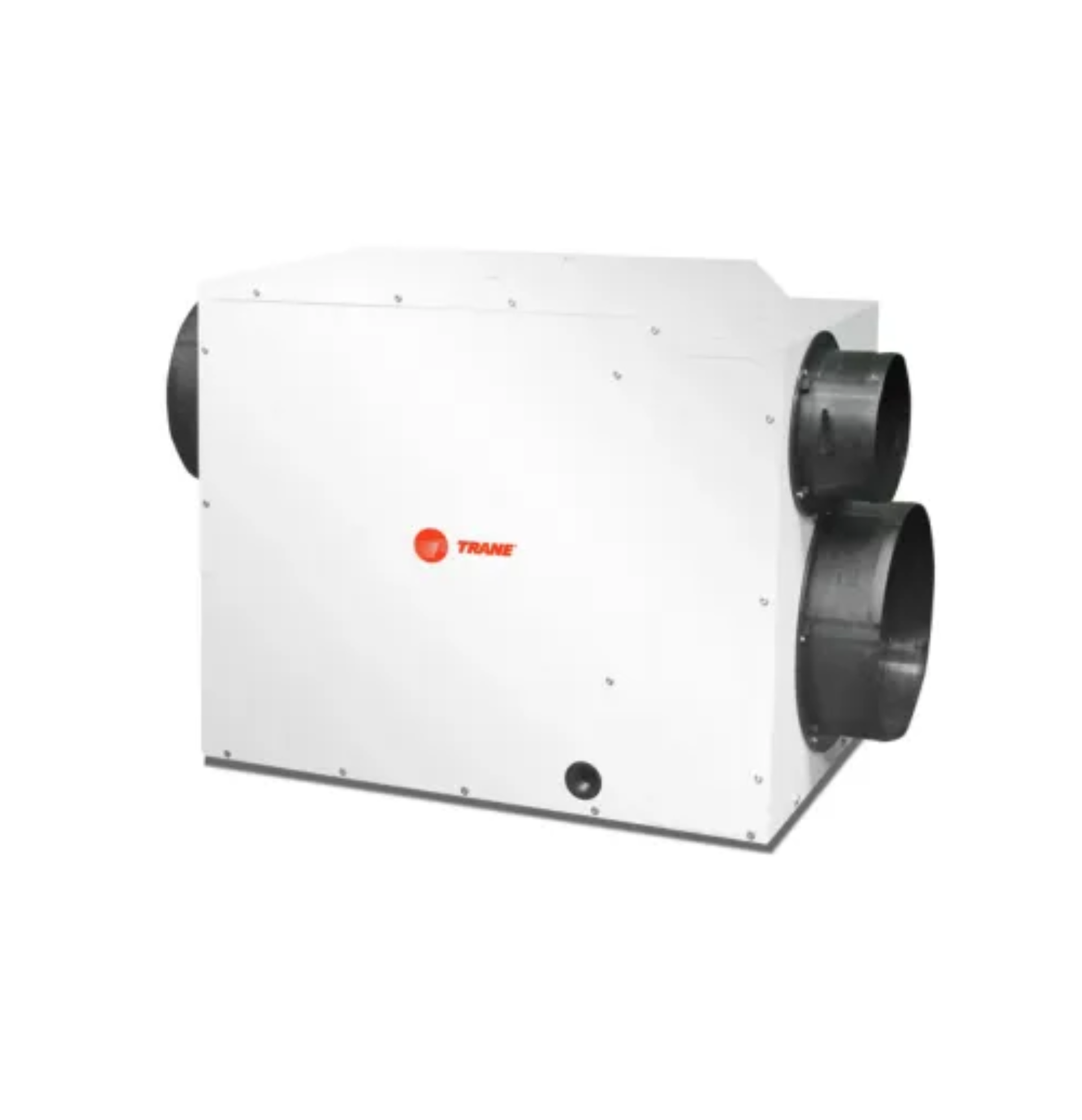 White Trane HVAC dehumidifier with black circular duct openings on the right side