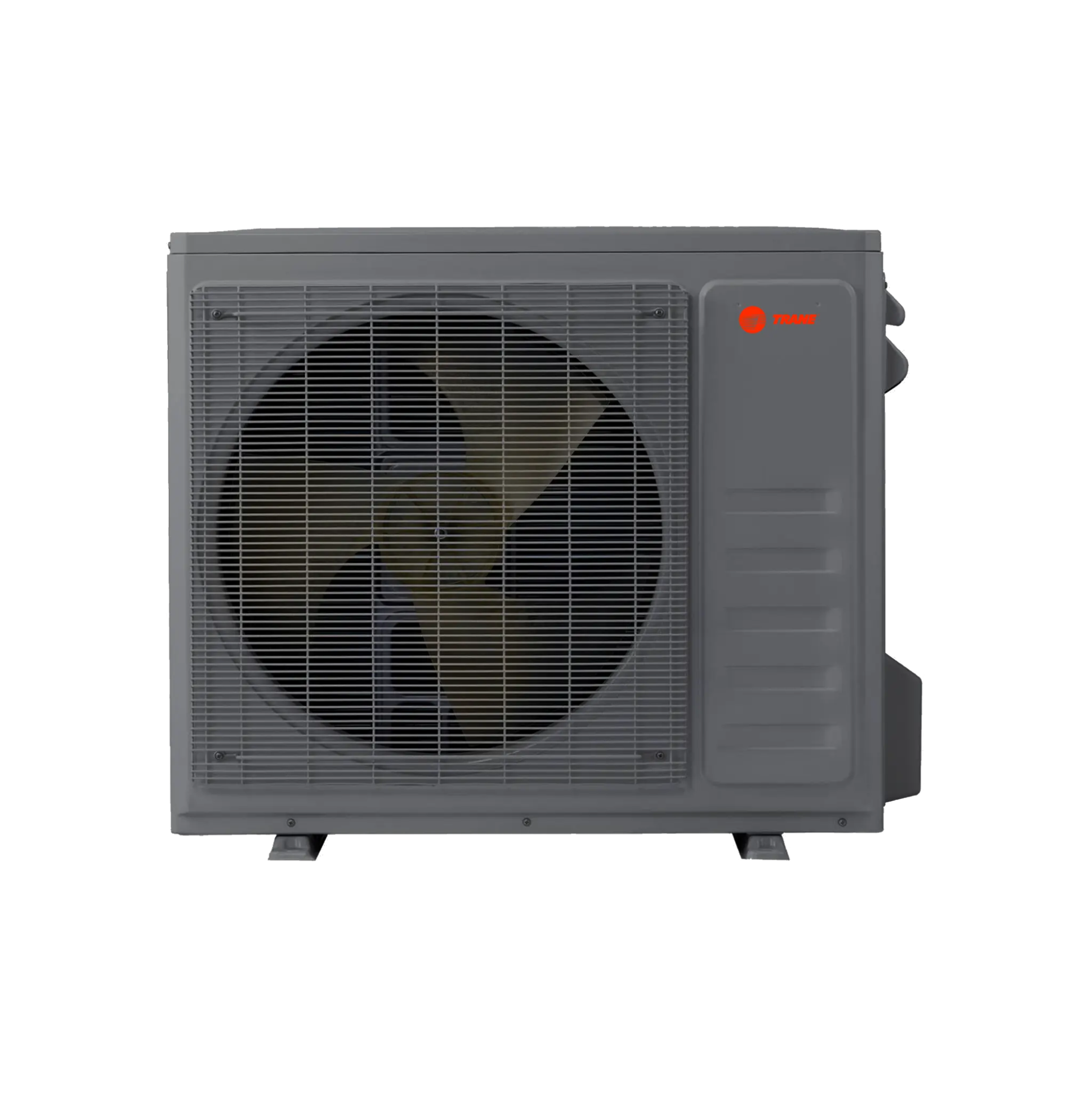 Gray heat pump with a large front fan and red logo on the upper right