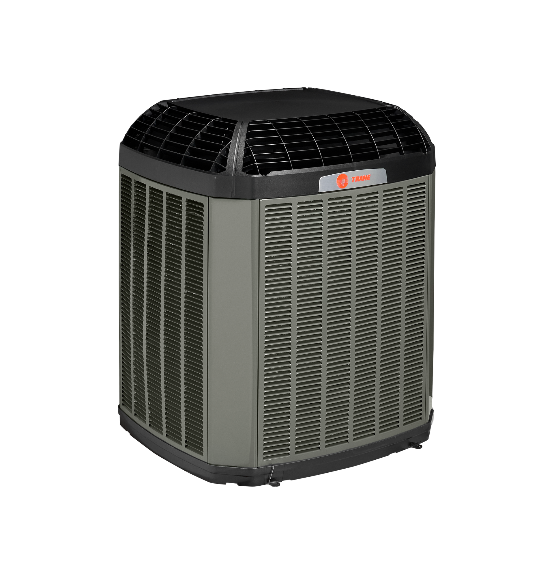 Gray outdoor heat pump unit with black top grille on a white background