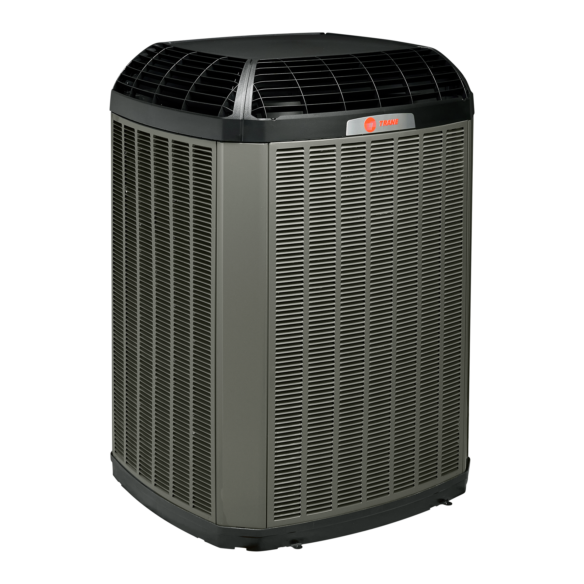 Black and gray outdoor air conditioner unit with a vented top and side grille