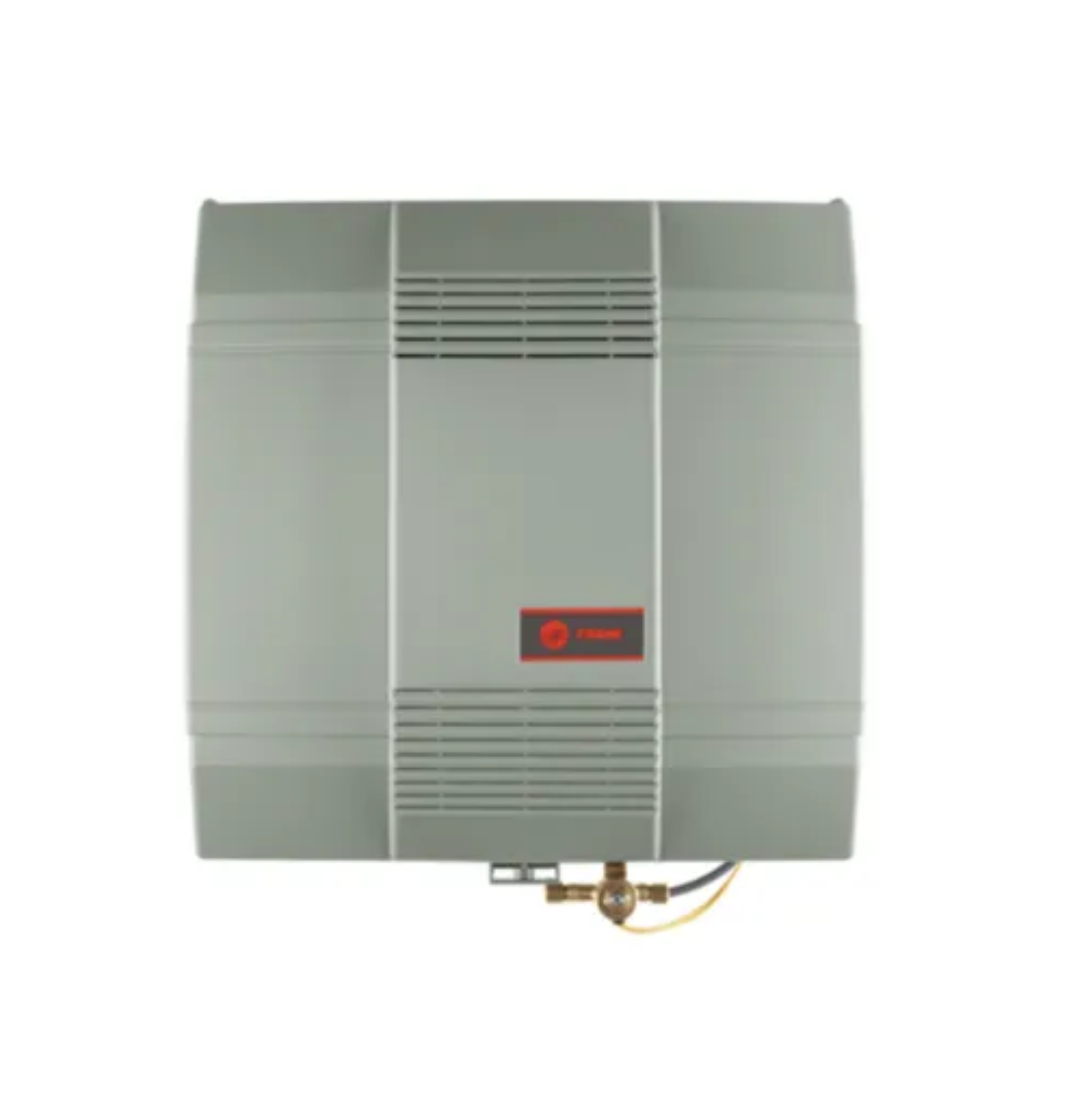 Gray wall-mounted Trane HVAC unit with red logo and visible piping underneath