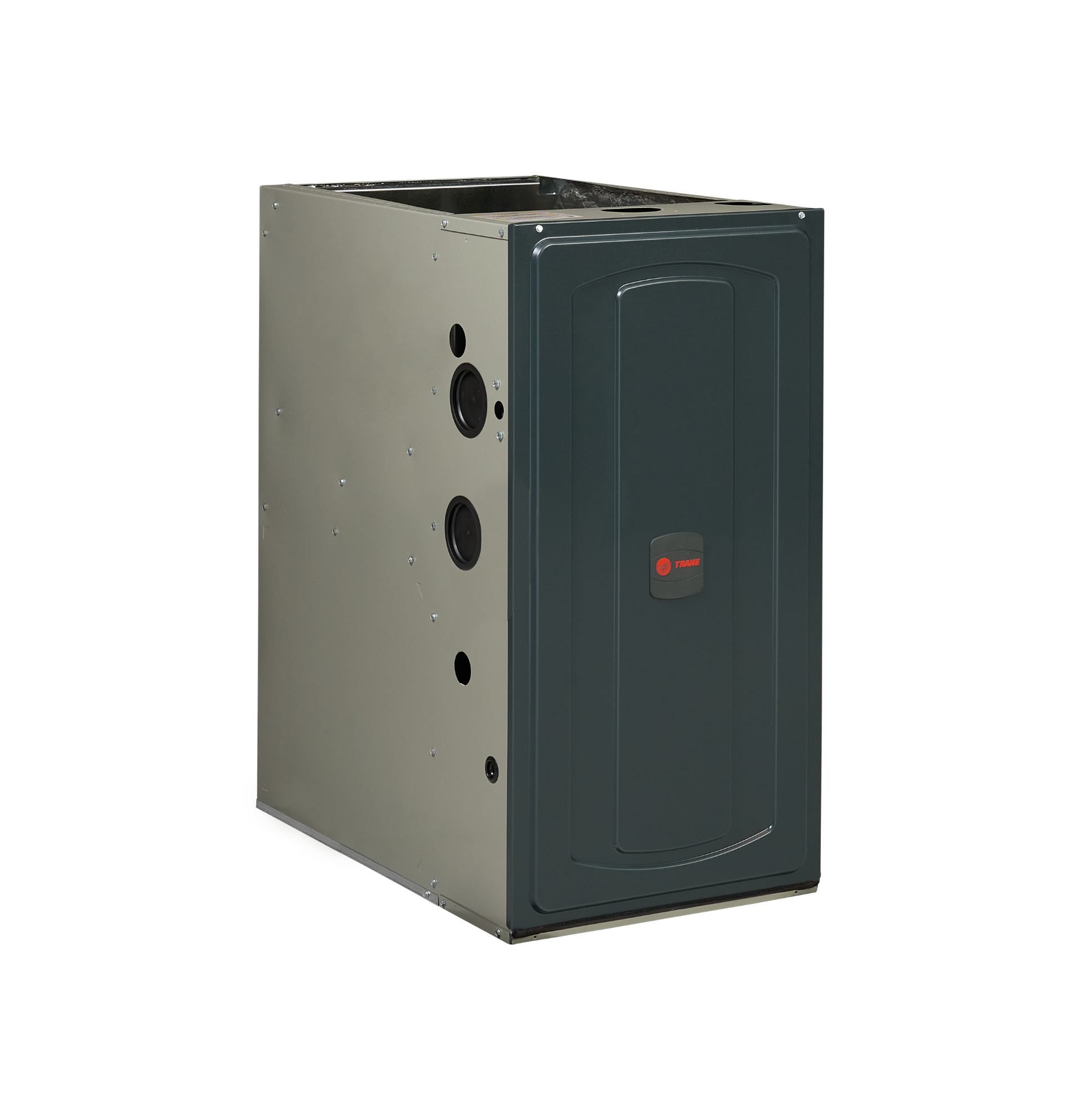 Gray furnace unit with a front panel and small red logo