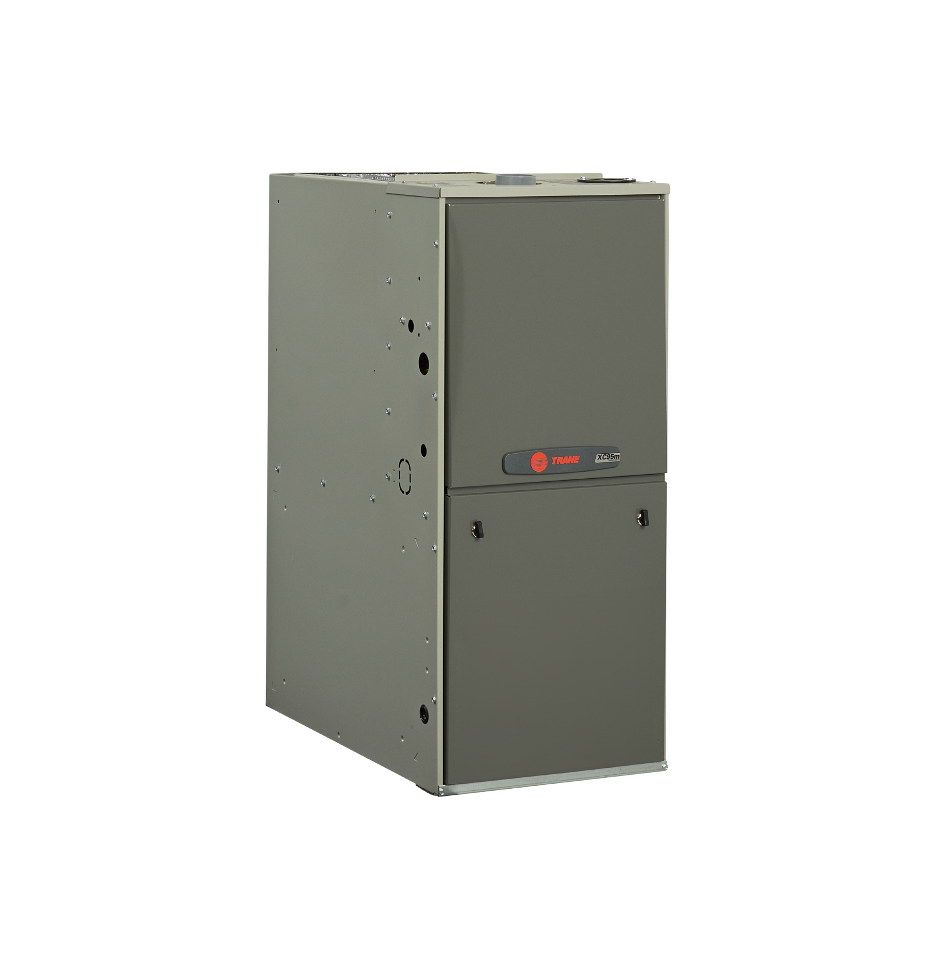 Gray furnace unit with a front panel and small red logo