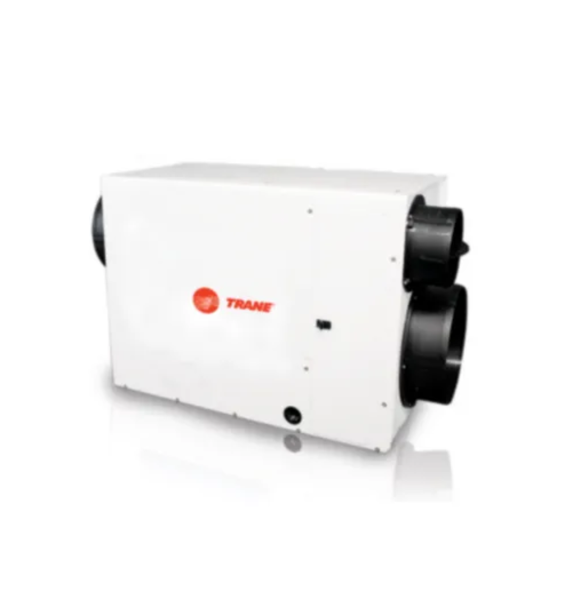 White Trane HVAC dehumidifier with black duct connections on a white background