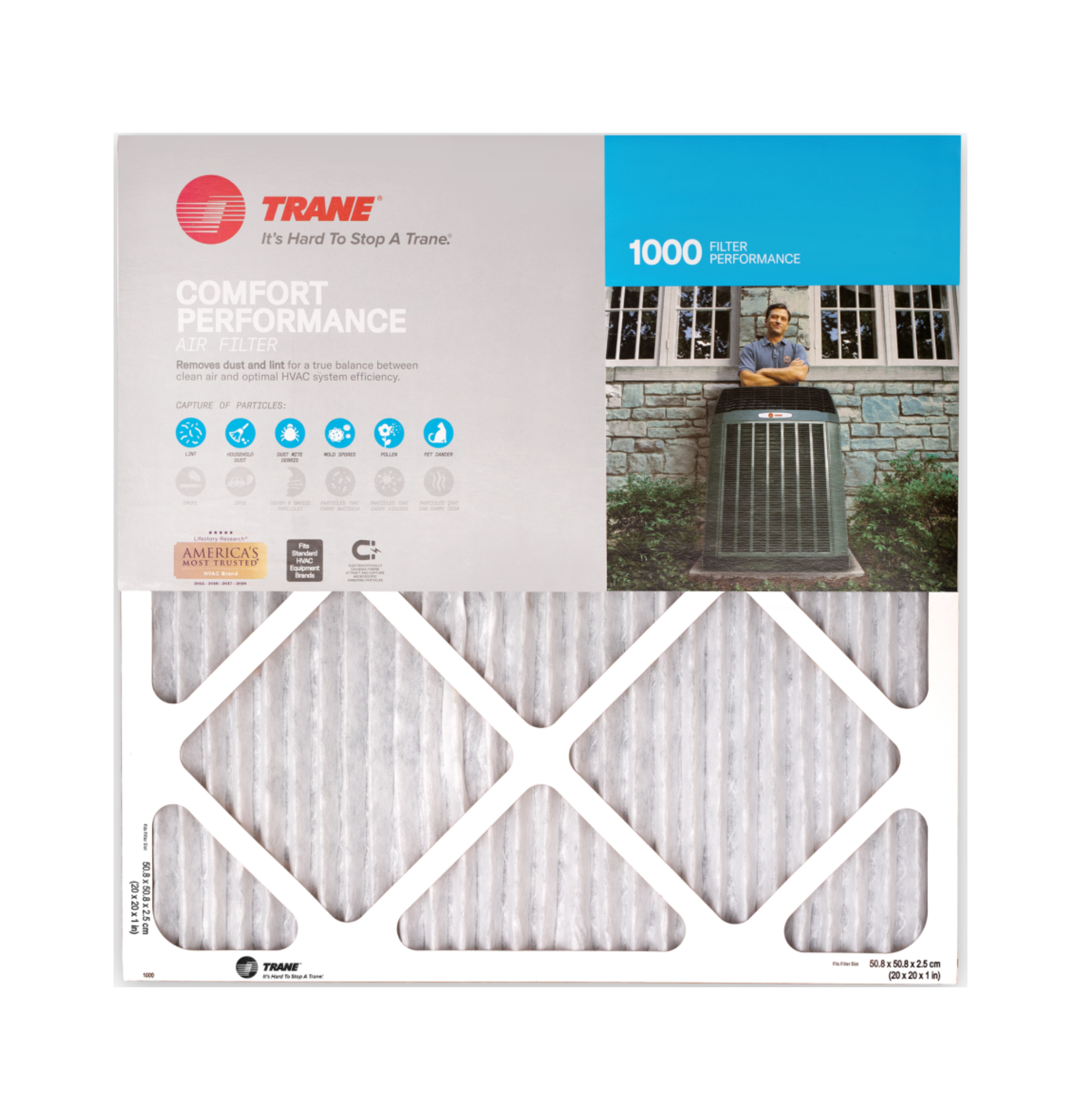 Trane 1000+ air filter box with white pleated filters shown in diamond cutouts