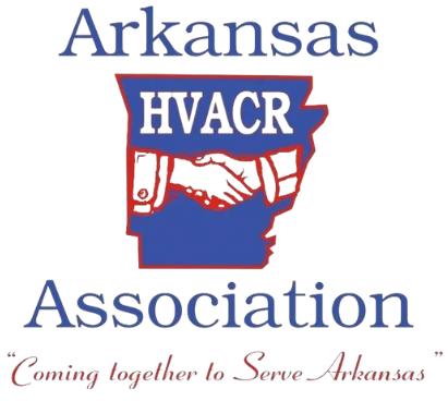 Arkansas HVACR Association logo with handshake inside Arkansas outline and the motto “Coming together to Serve Arkansas”