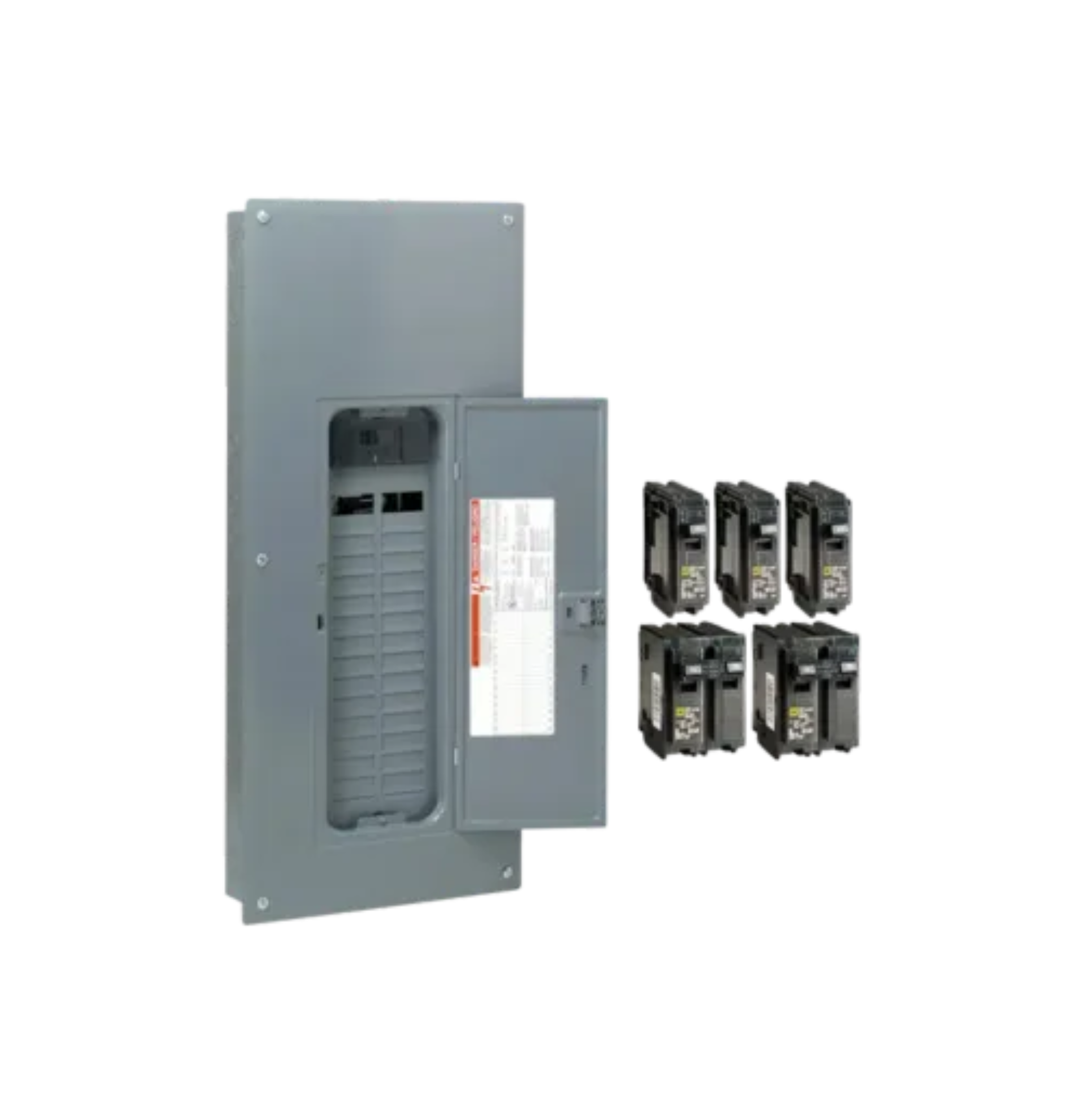 Open electrical breaker panel with cover open and multiple circuit breaker modules beside it