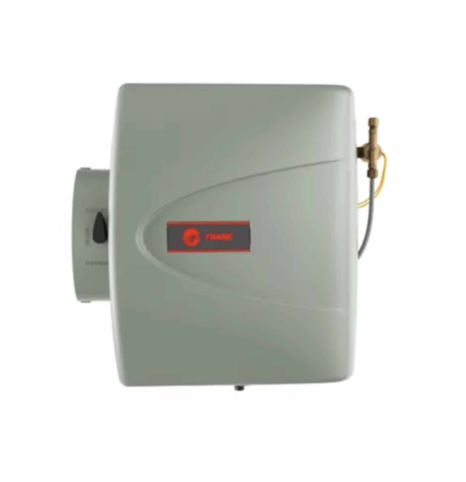 Gray Trane HVAC humidifier with red logo and brass valve on the right side