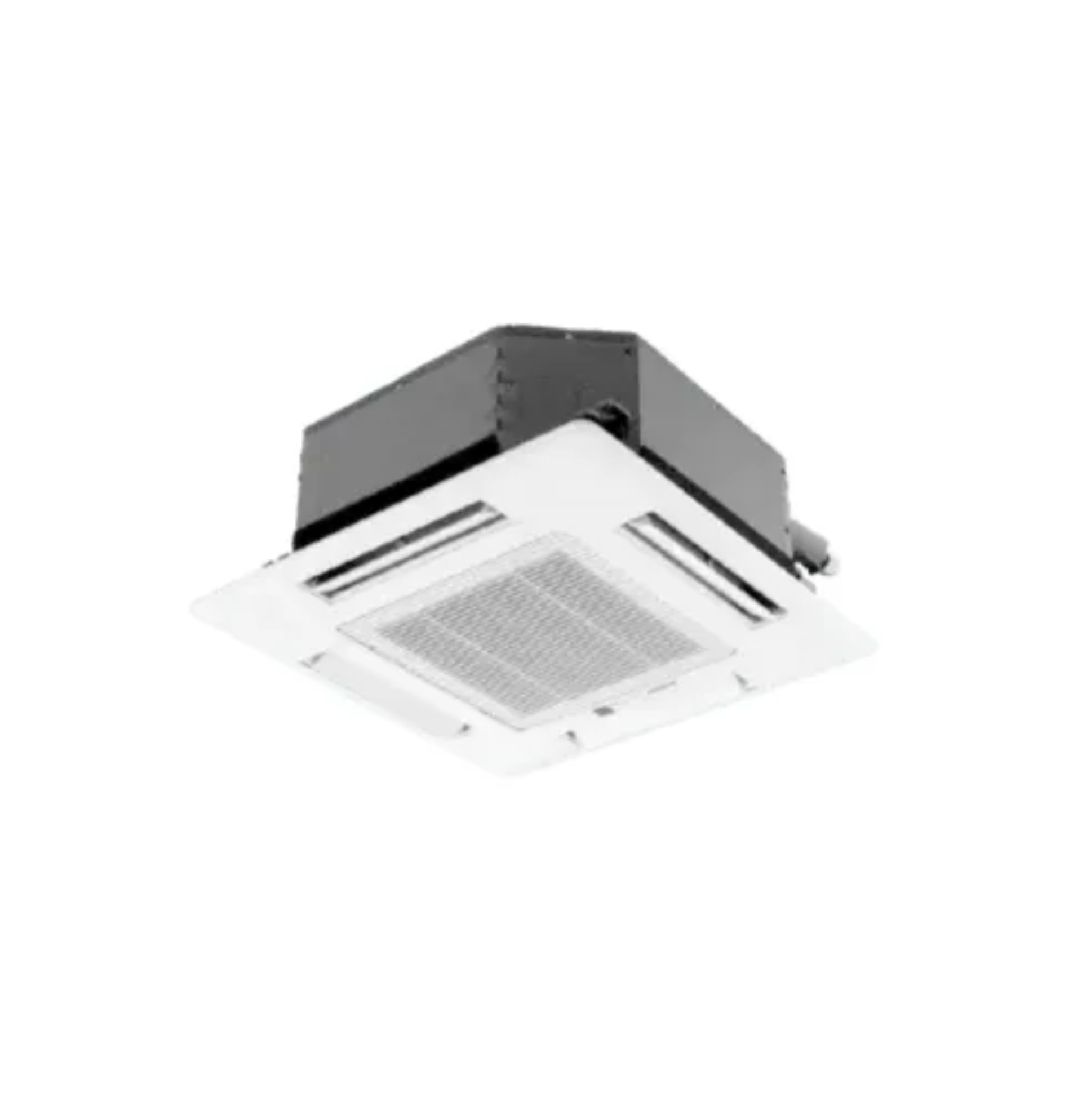 Ceiling-mounted white and gray air vent on a white background