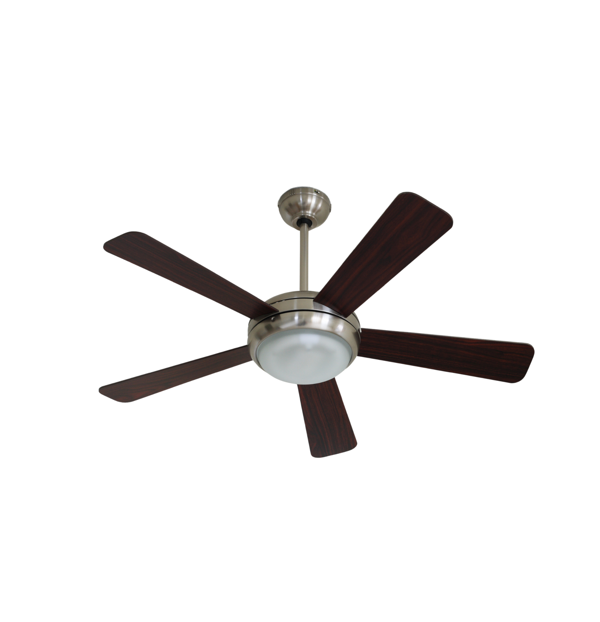 Dark-wood ceiling fan with five blades and a light fixture on a white background