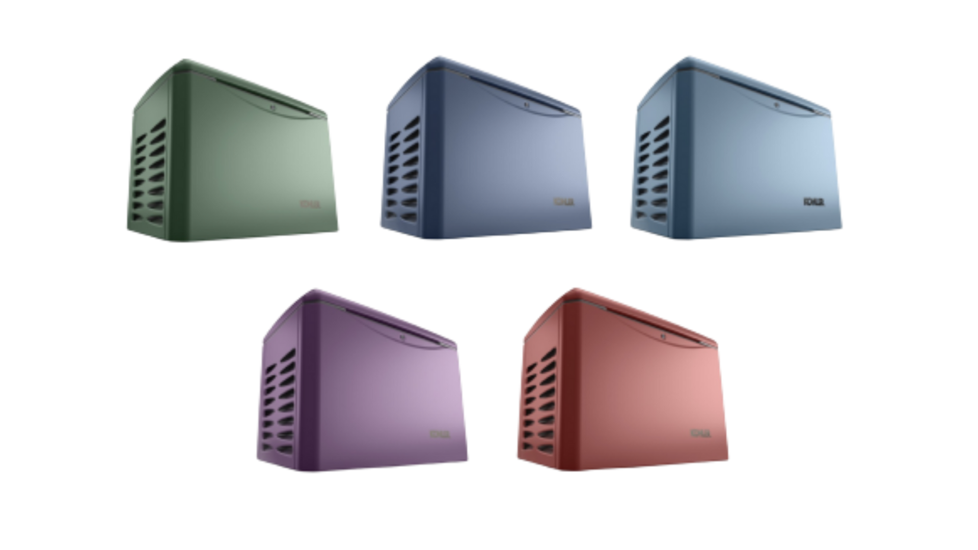 Five colored Kohler generators on a white background, arranged in two rows.