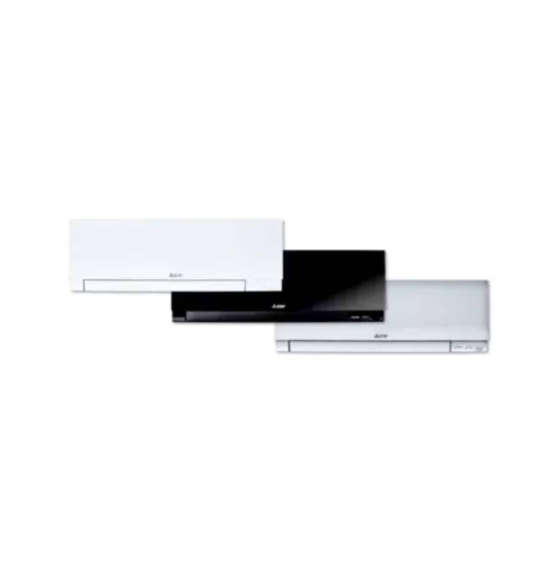 Three sleek wall-mounted air conditioners in white, black, and silver stacked diagonally on a white background