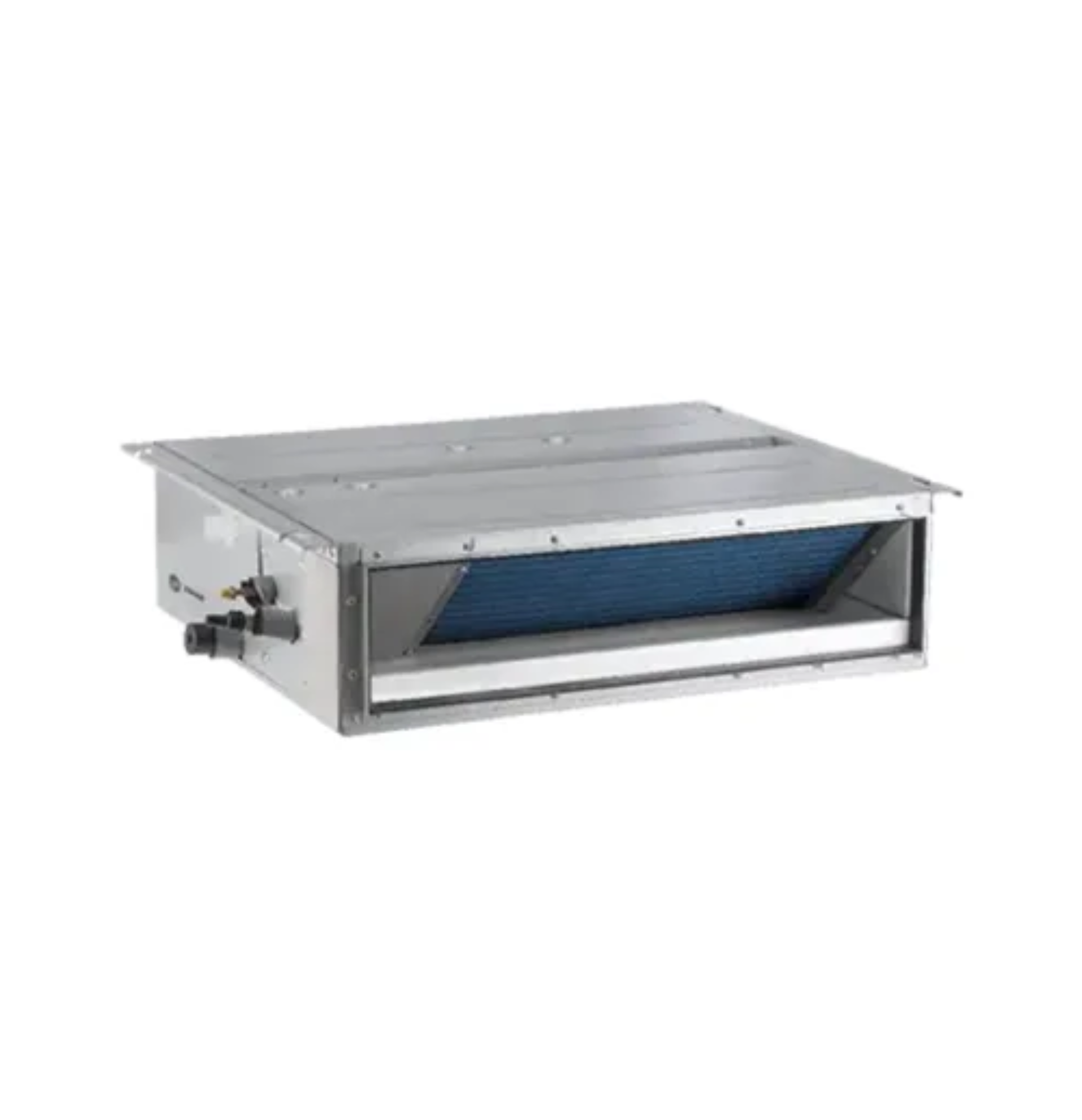 Rectangular metal HVAC duct unit with blue filter inside, viewed at an angle