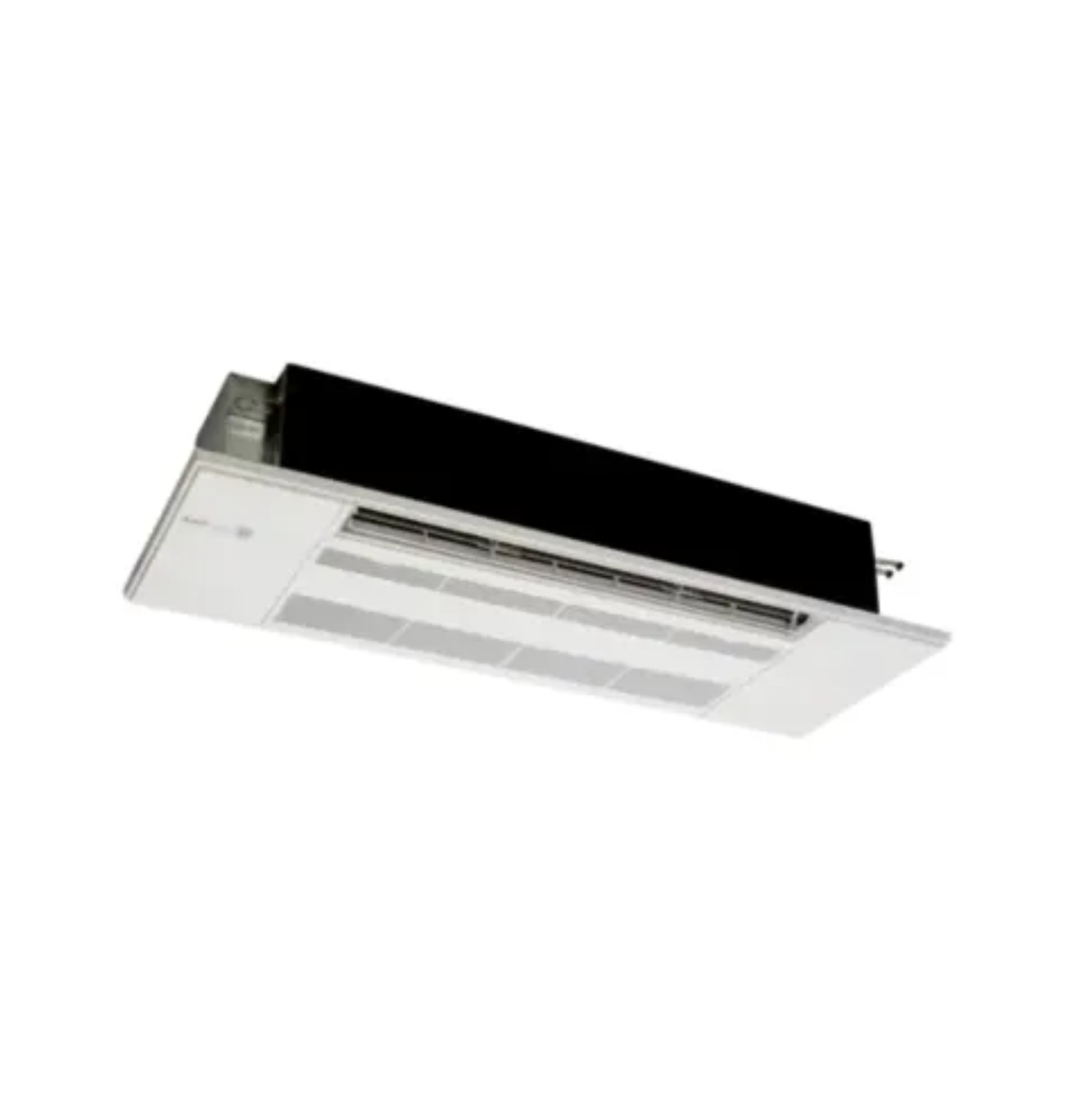 White recessed ceiling air vent with black top housing on a white background