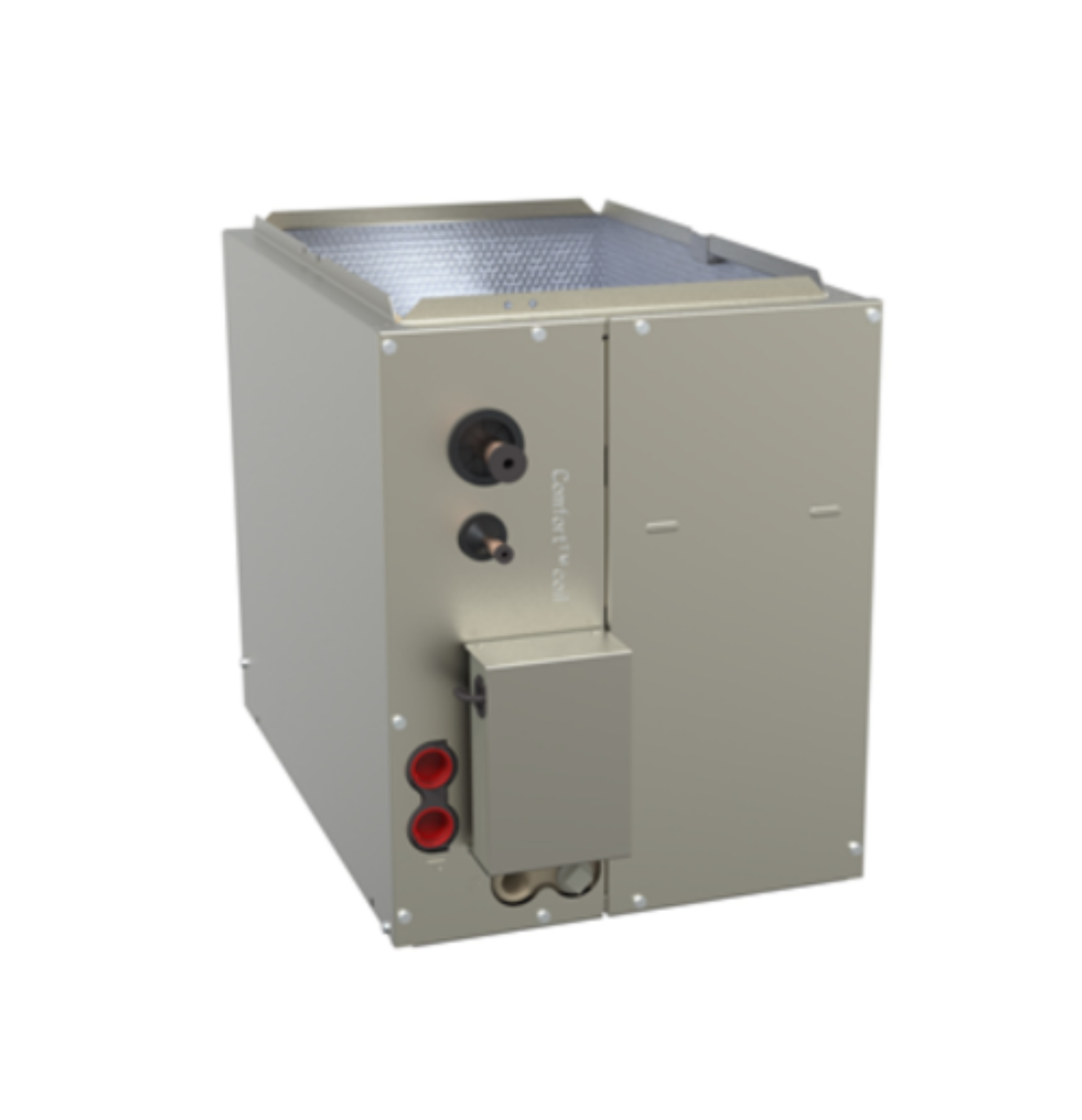 Gray industrial HVAC unit with vents and control ports, shown on a white background