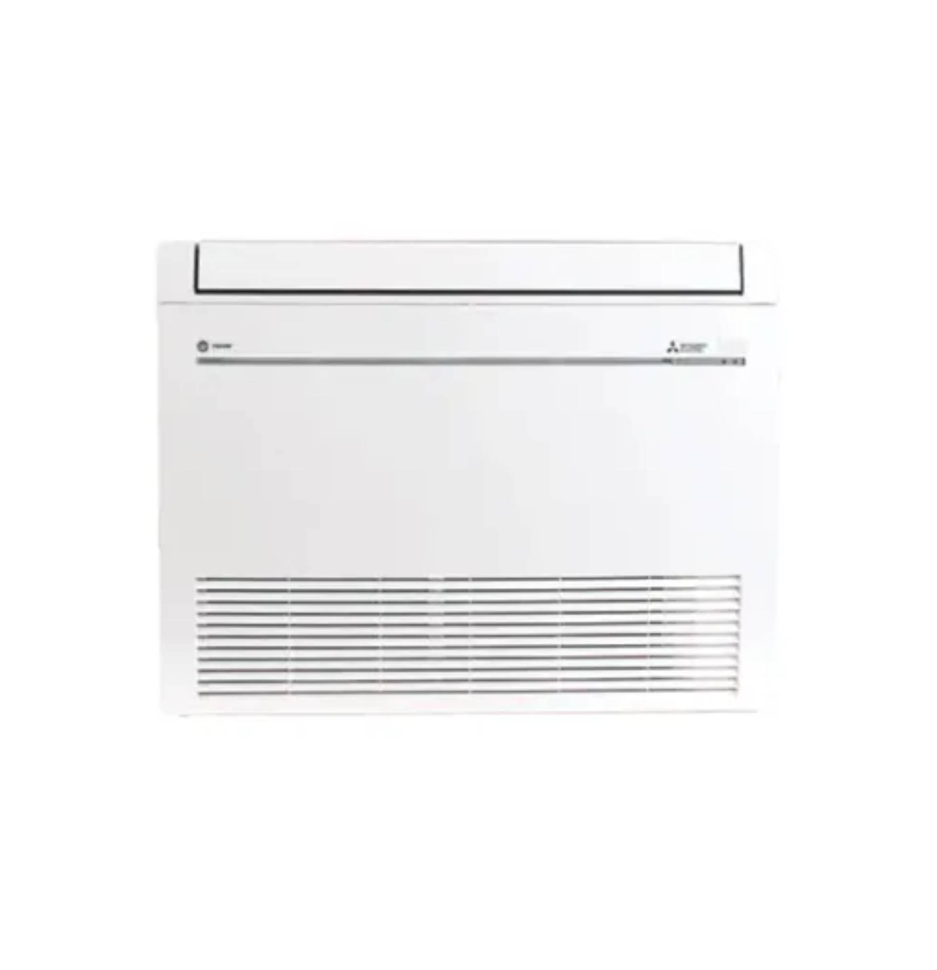 White wall-mounted air conditioner unit with vent grille and slim top panel on a plain background