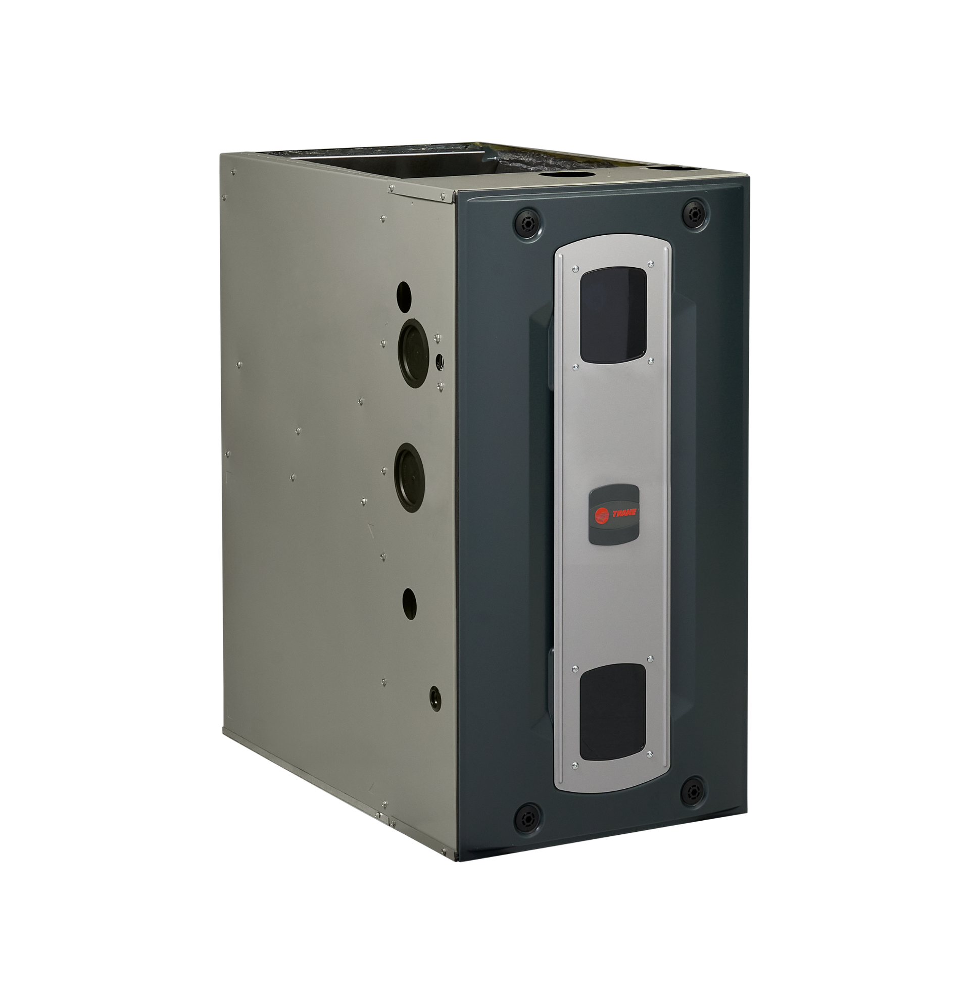 Gray metal electronic device with black front panel, shown on a white background