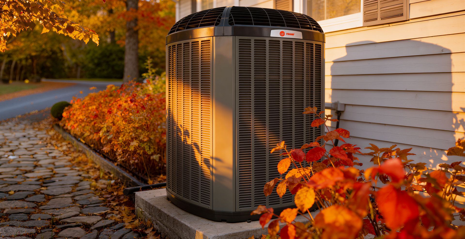 Outdoor HVAC unit beside stacked white boards, surrounded by autumn leaves on a cobblestone path.