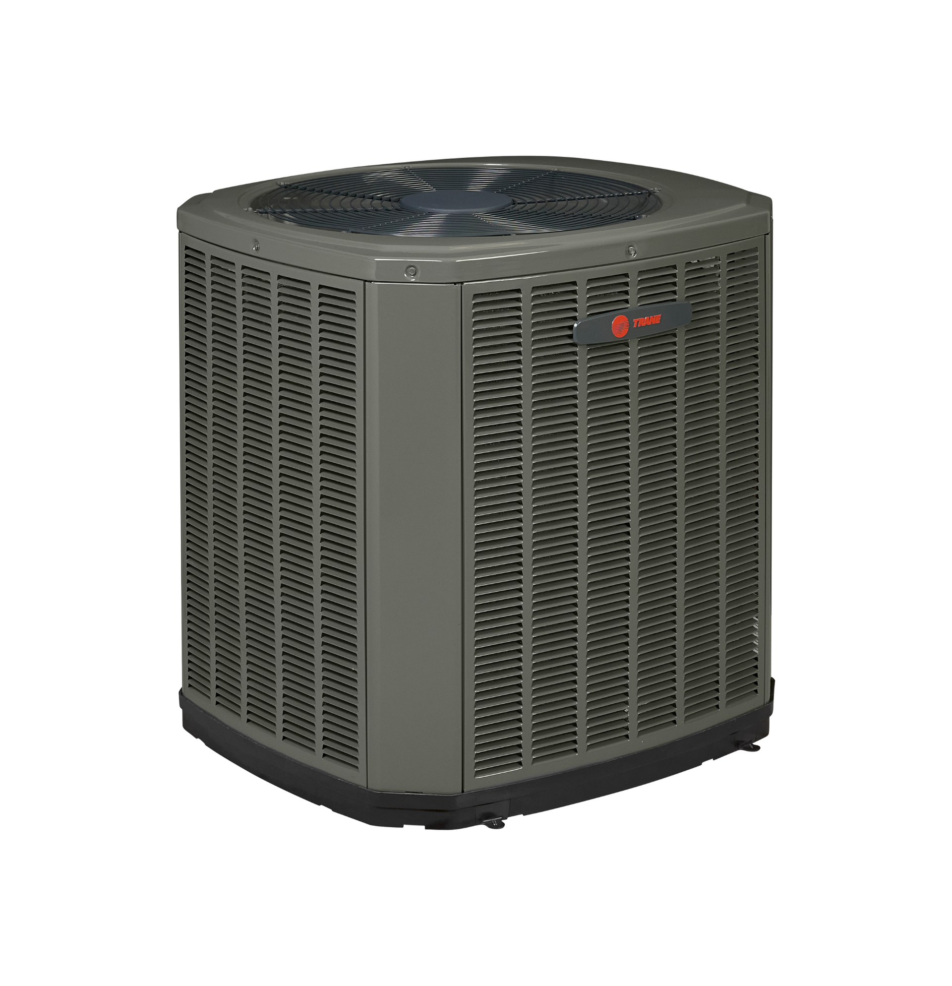 Outdoor heat pump with a top fan and gray metal grille panels