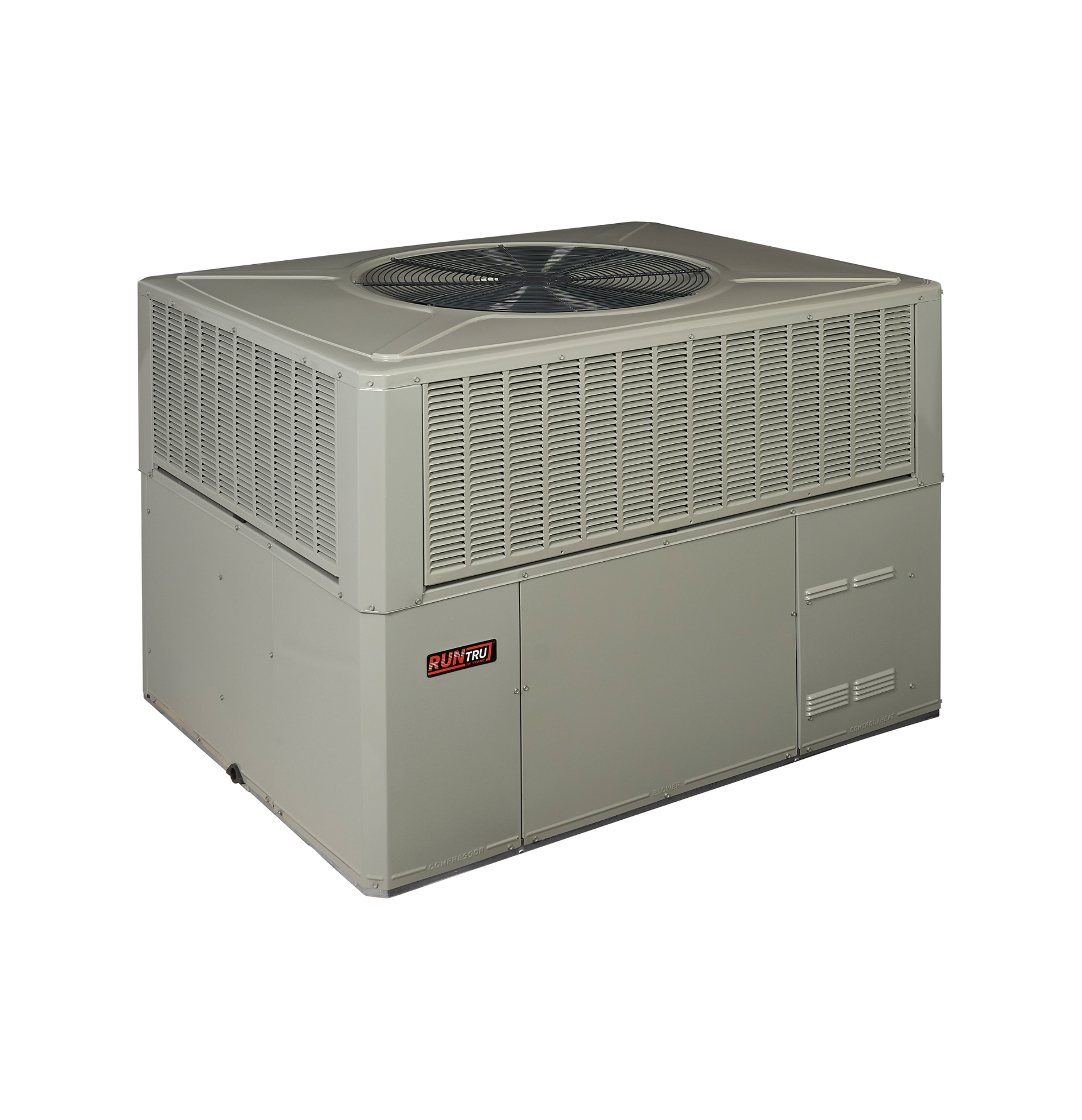 Beige Trane HVAC unit with a large top-mounted fan on a white background