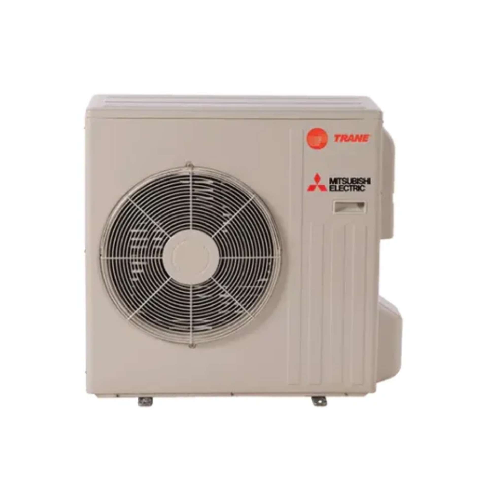 Beige Trane heat pump with a large front fan and red Trane logo