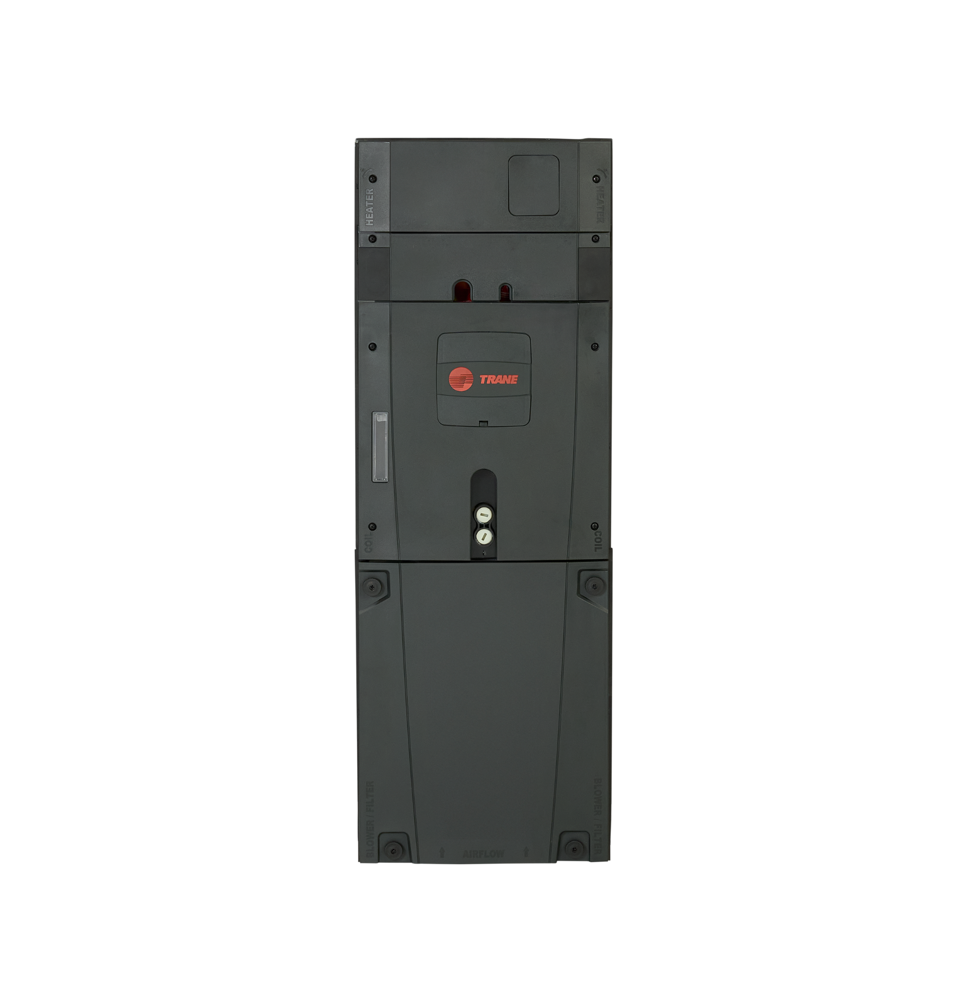 Tall black air handler with a red logo on the front, isolated on a white background