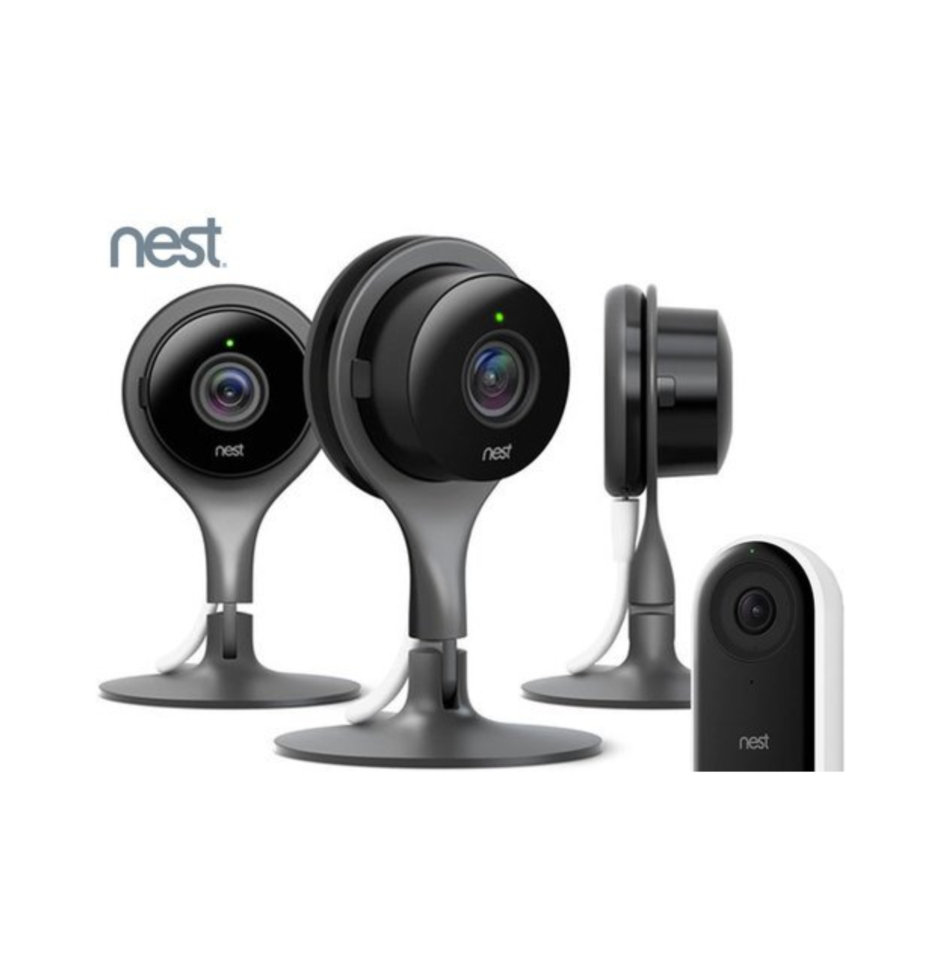 Nest security cameras and doorbell in white and black on a plain background