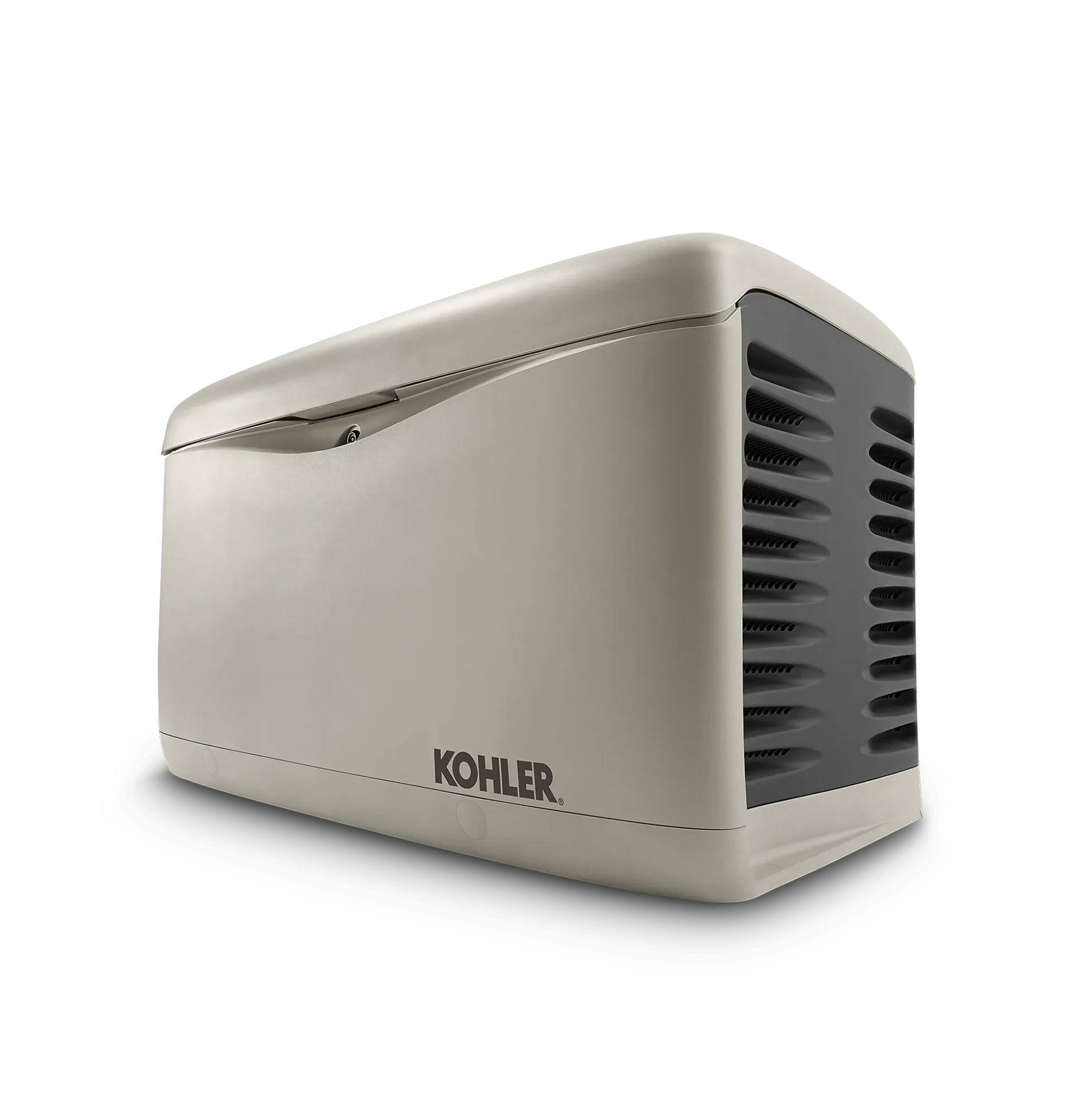 Beige Kohler whole-house generator with black side vents on white background