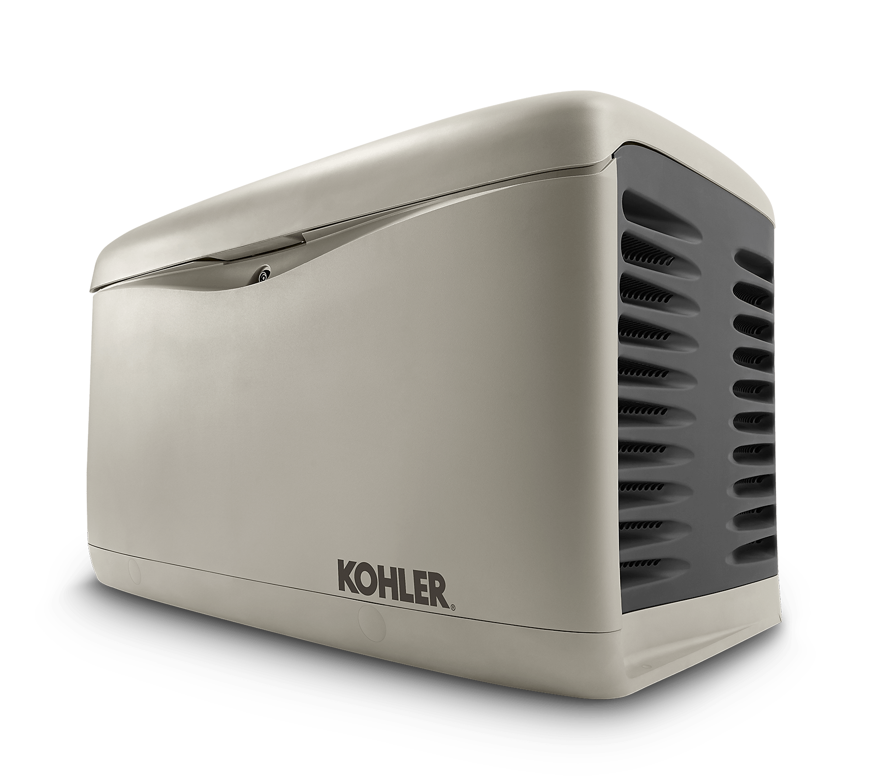 Beige Kohler generator with black vented side panel on a white background