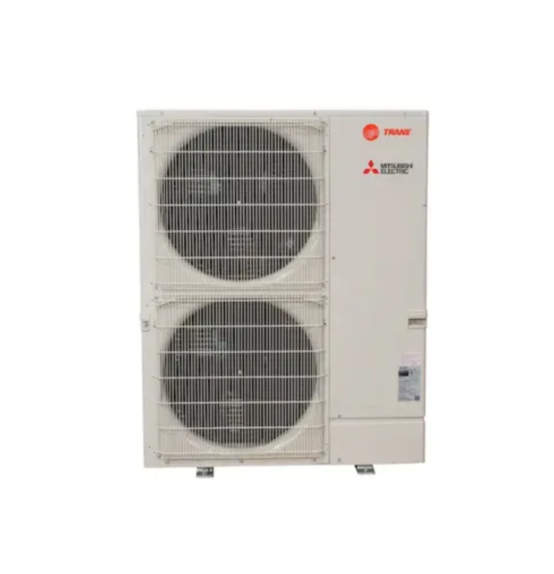 White Trane heat pump unit with two large fans and red logo on a plain background