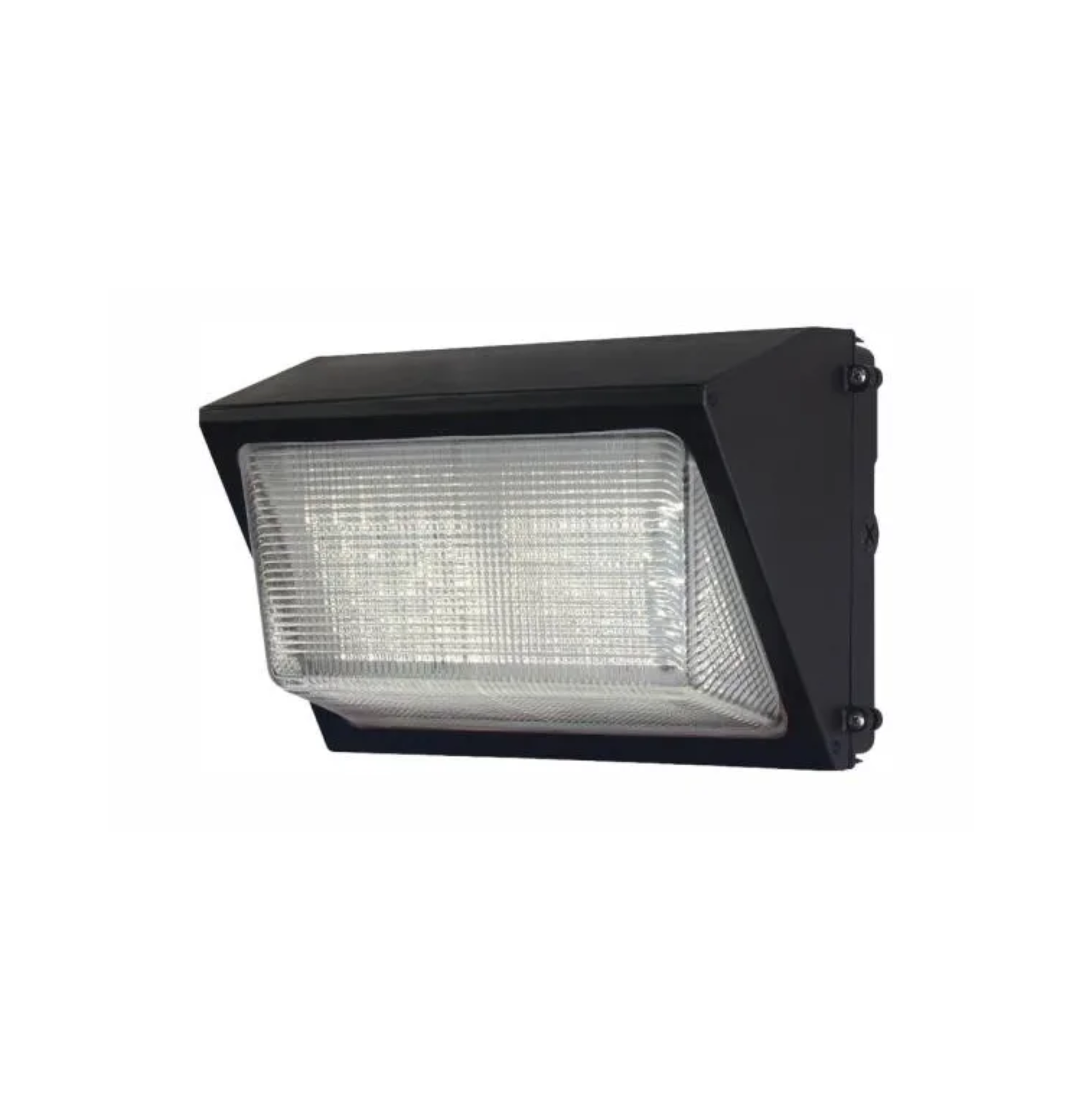 Black rectangular wall-mounted outdoor light fixture with a clear textured lens